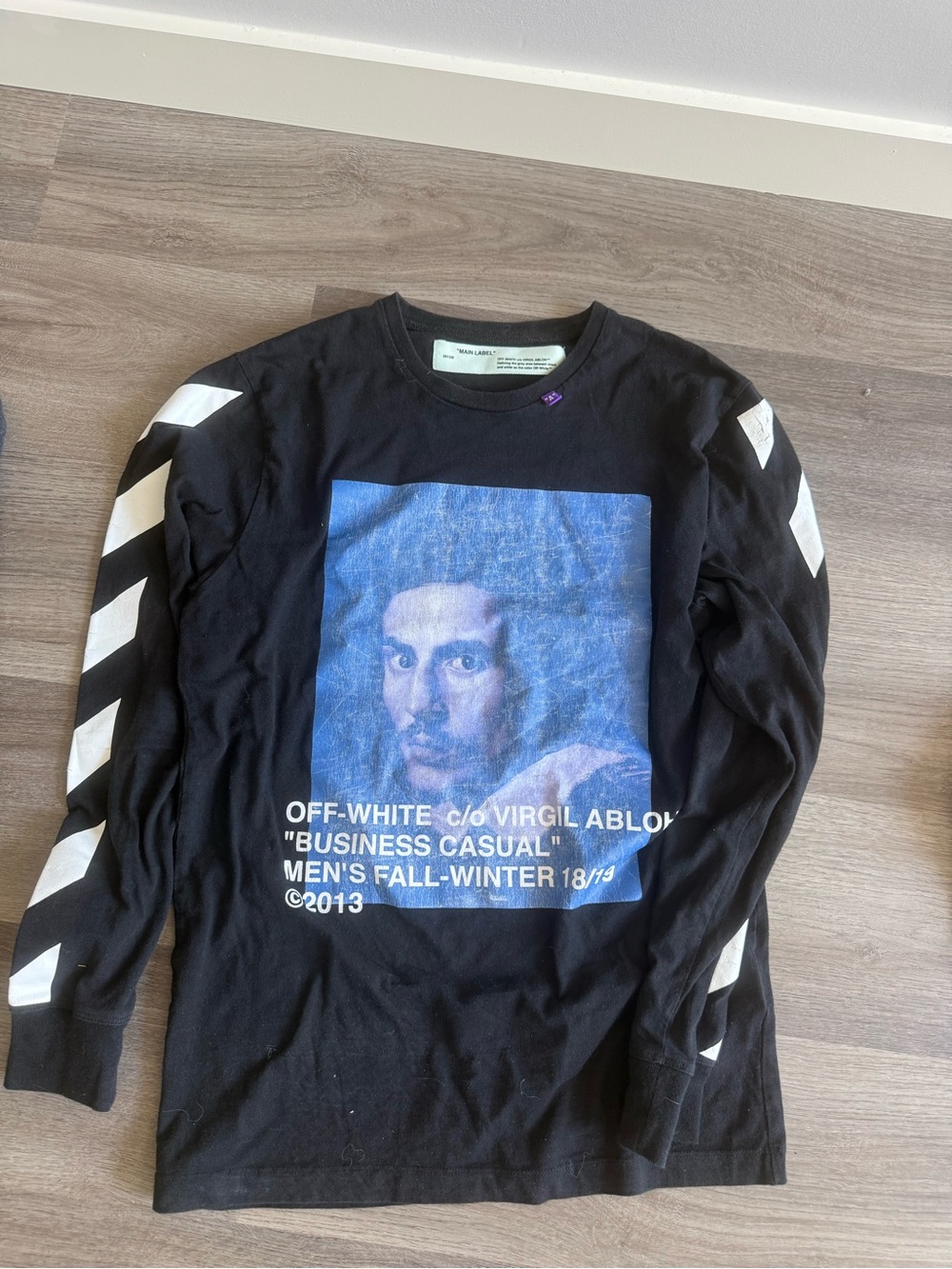 Off-White Black Long-Sleeve Tee with Blue Portrait Graphic
